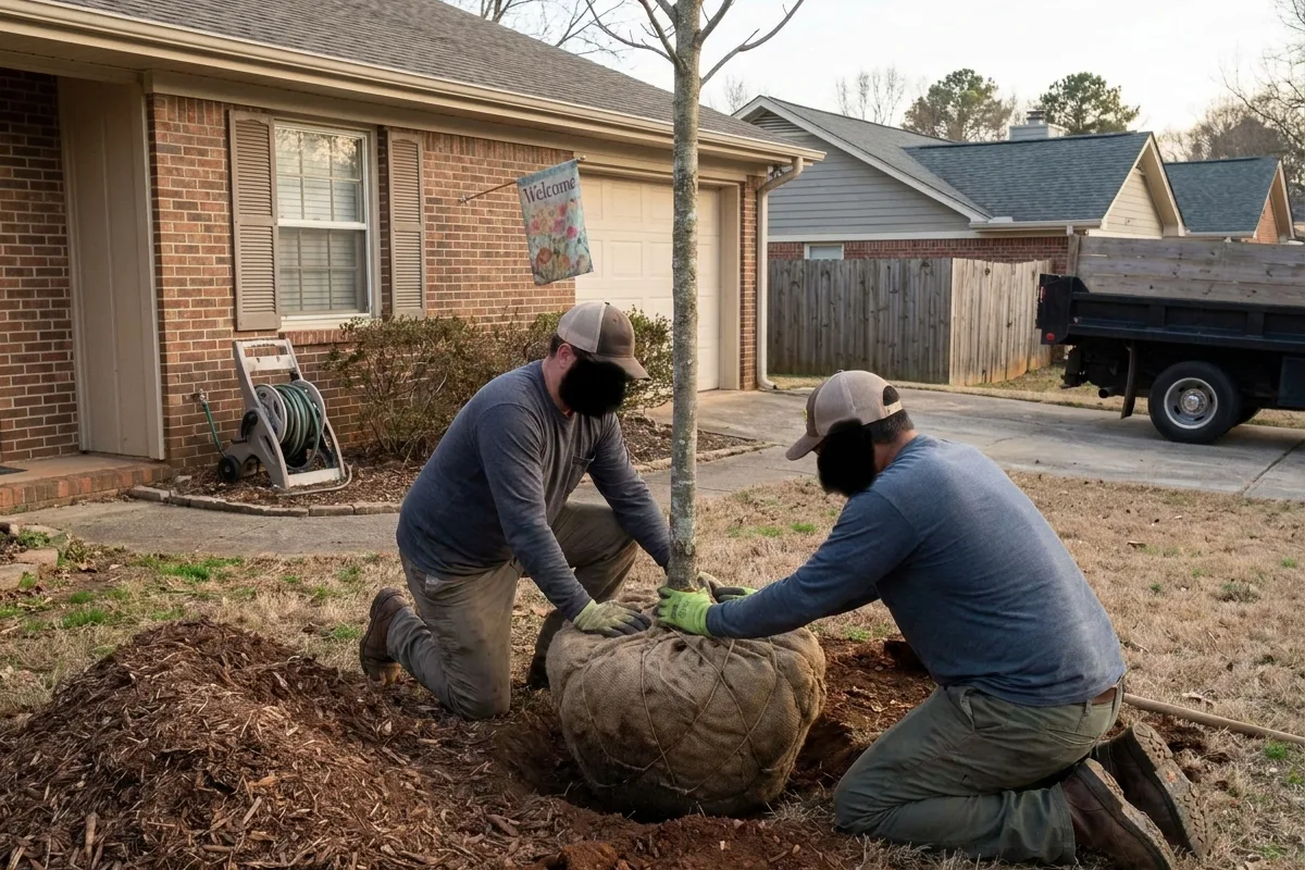 4 Seasons Landscaping crew planting trees on a job site