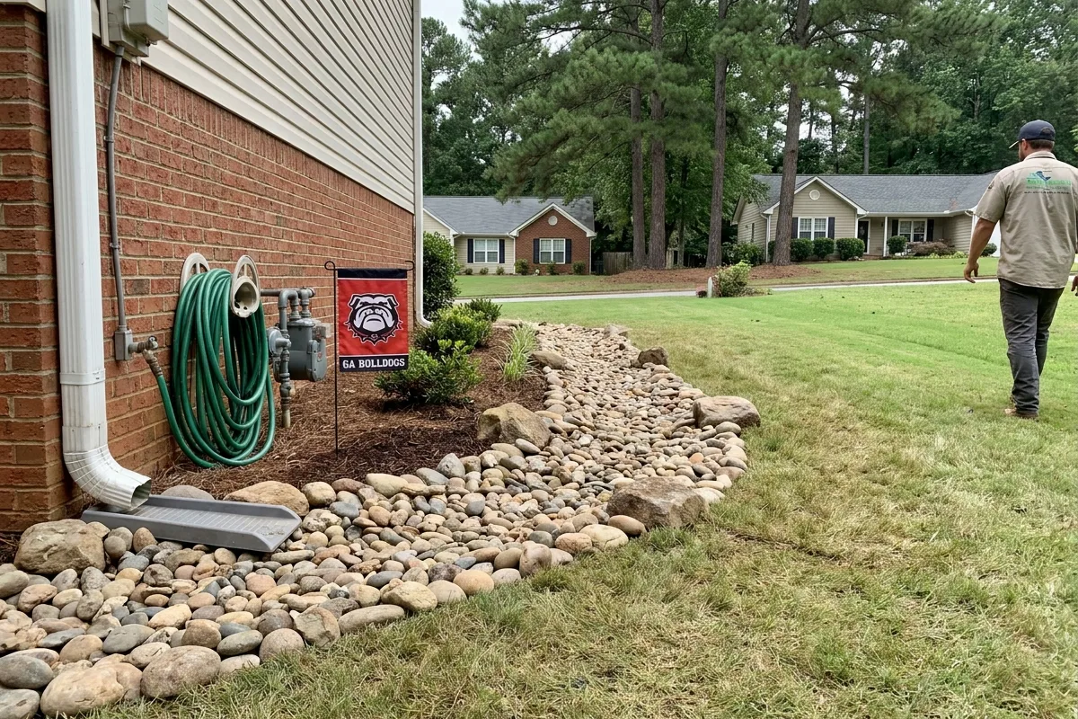 Dry creek bed drainage installed beside a Georgia home