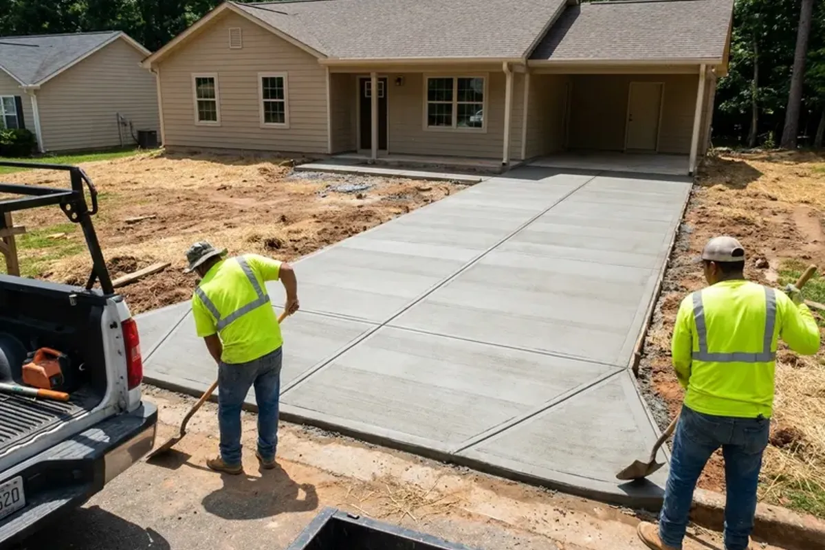 Broom-finished concrete driveway with clean joints