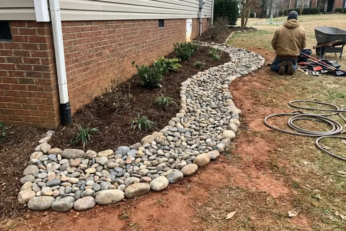 Dry creek bed routing water away from a foundation