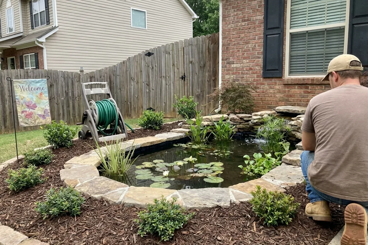 Backyard water feature with natural stone