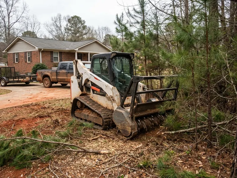 Skid steer forestry mulcher working through brush