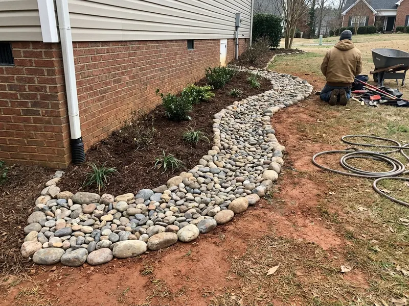Dry creek bed routing water away from a foundation