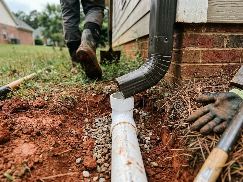 Downspout tied into a buried PVC drain line