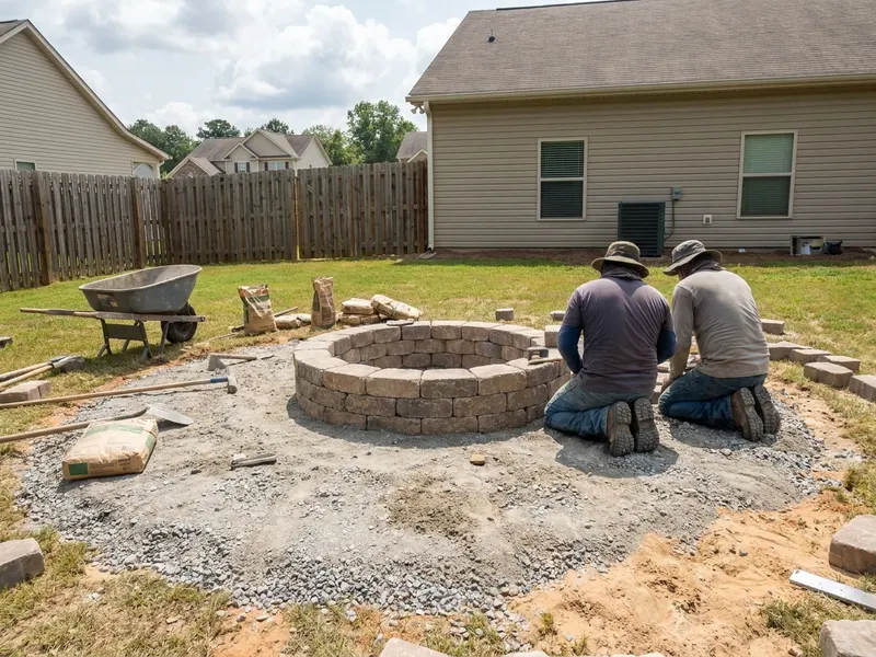 Paver fire pit being assembled in a backyard