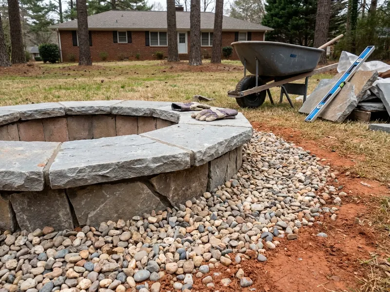 Fire pit cap stones and gravel surround detail