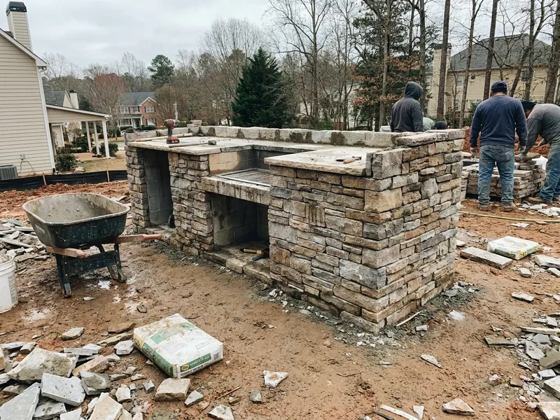 Stacked stone outdoor kitchen island under construction