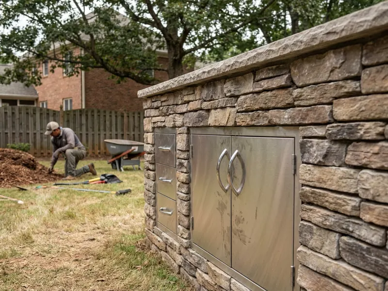 Stone veneer and stainless grill door detail