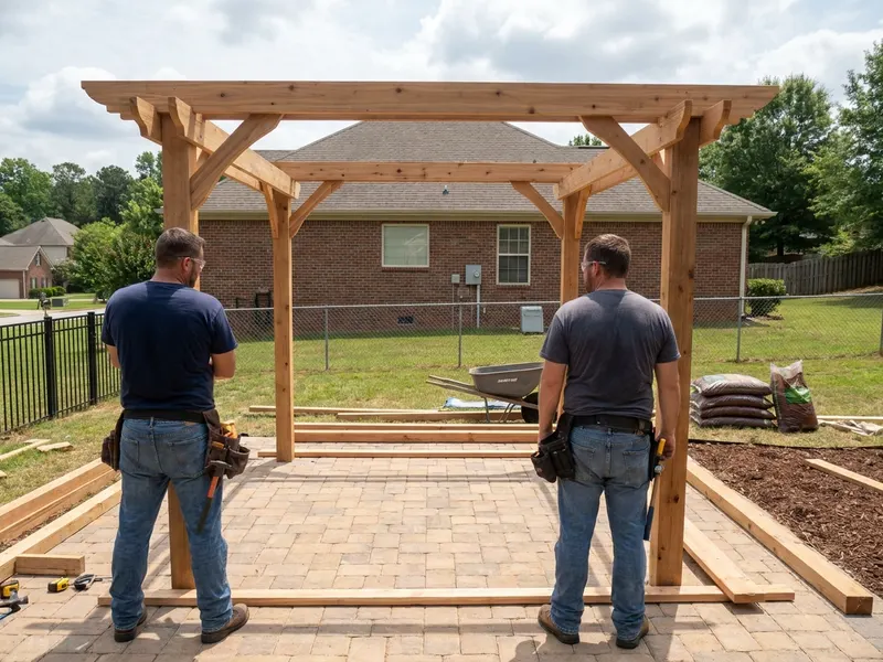 Cedar pergola frame assembled over a paver patio