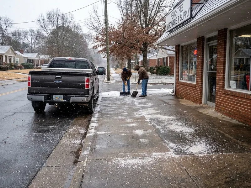 Shoveled and salted storefront sidewalk in light snow