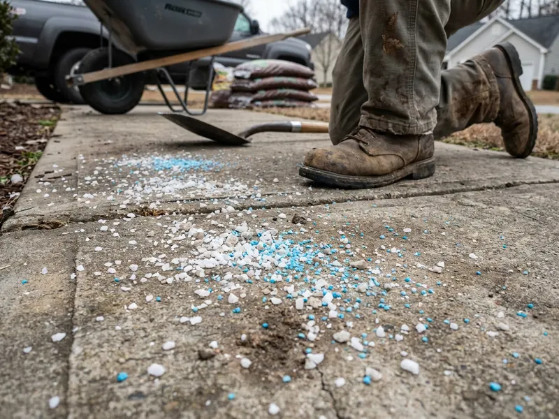 Ice melt granules on a concrete walkway