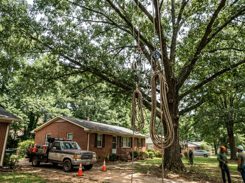 Arborist rigging ropes in a tall hardwood canopy