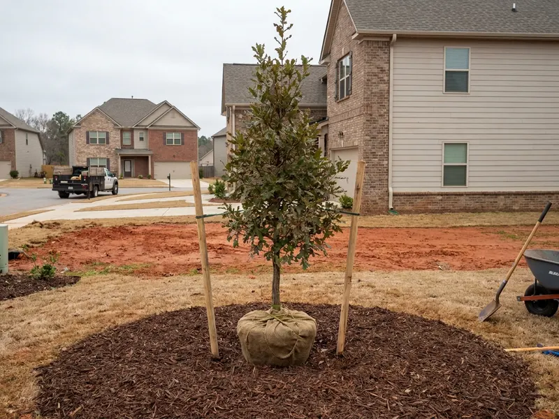 Young tree staked and mulched after planting