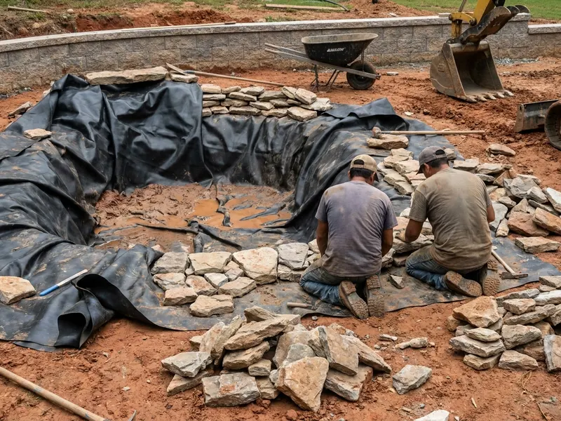 Pond liner and stone placed for a backyard water feature